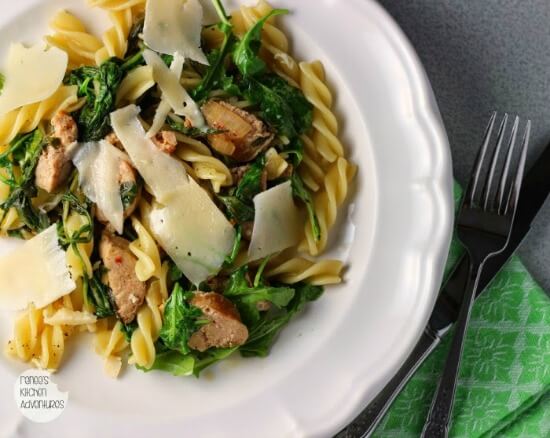 Peppery Pasta with arugula and sausage above