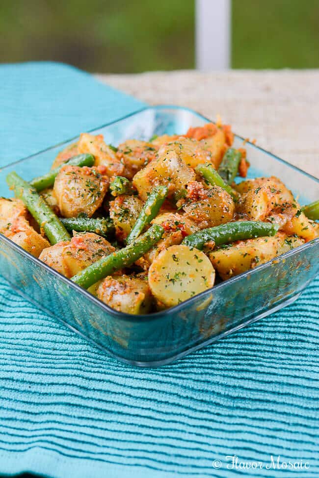 Amazing 5-ingredient, gluten-free Green Bean Potato Salad with Sun-Dried Tomato Pesto is perfect for a picnic side dish.