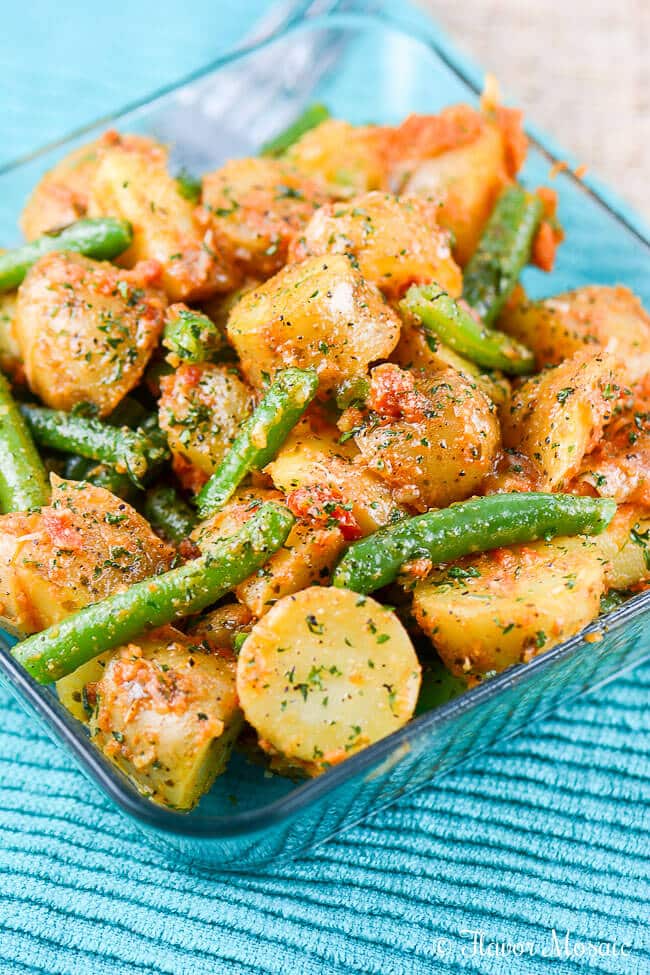 Amazing 5-ingredient, gluten-free Green Bean Potato Salad with Sun-Dried Tomato Pesto is perfect for a picnic side dish.