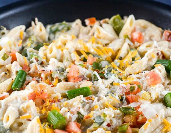 Cheesy Chicken Skillet Pasta Asparagus Tomatoes