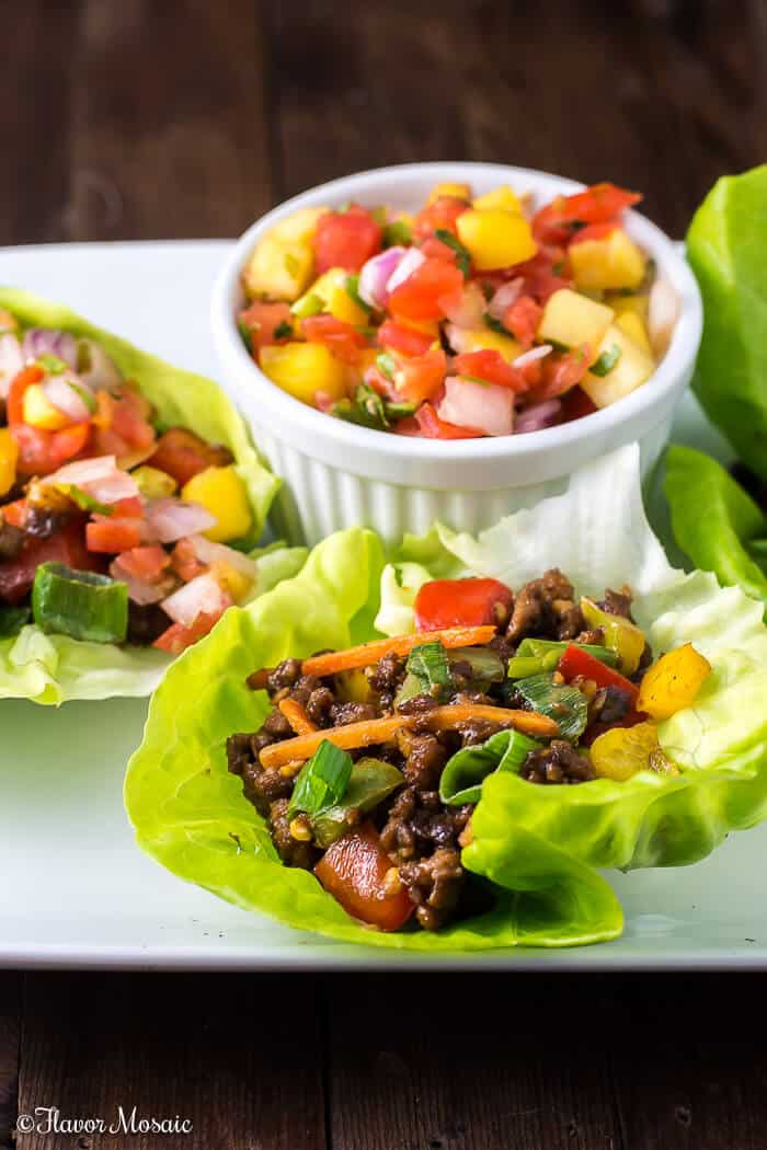 Asian Lettuce Wraps with Mango Habanero Salsa made with vegetarian soy crumbles