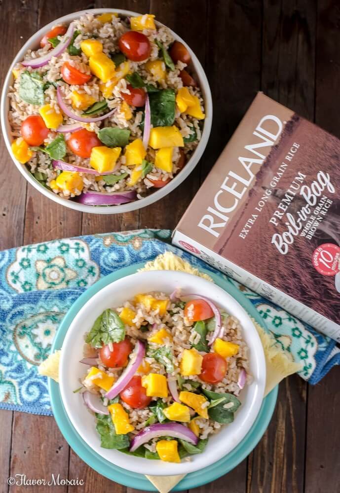 Mango Spinach Rice Salad, with brown rice, mango, baby spinach, tomatoes, and red onions in a red wine vinaigrette, makes a delicious and colorful side dish for a fish dinner, barbecue or potluck. #ProntoPerfectRice #Ad ~ https://flavormosaic.com 