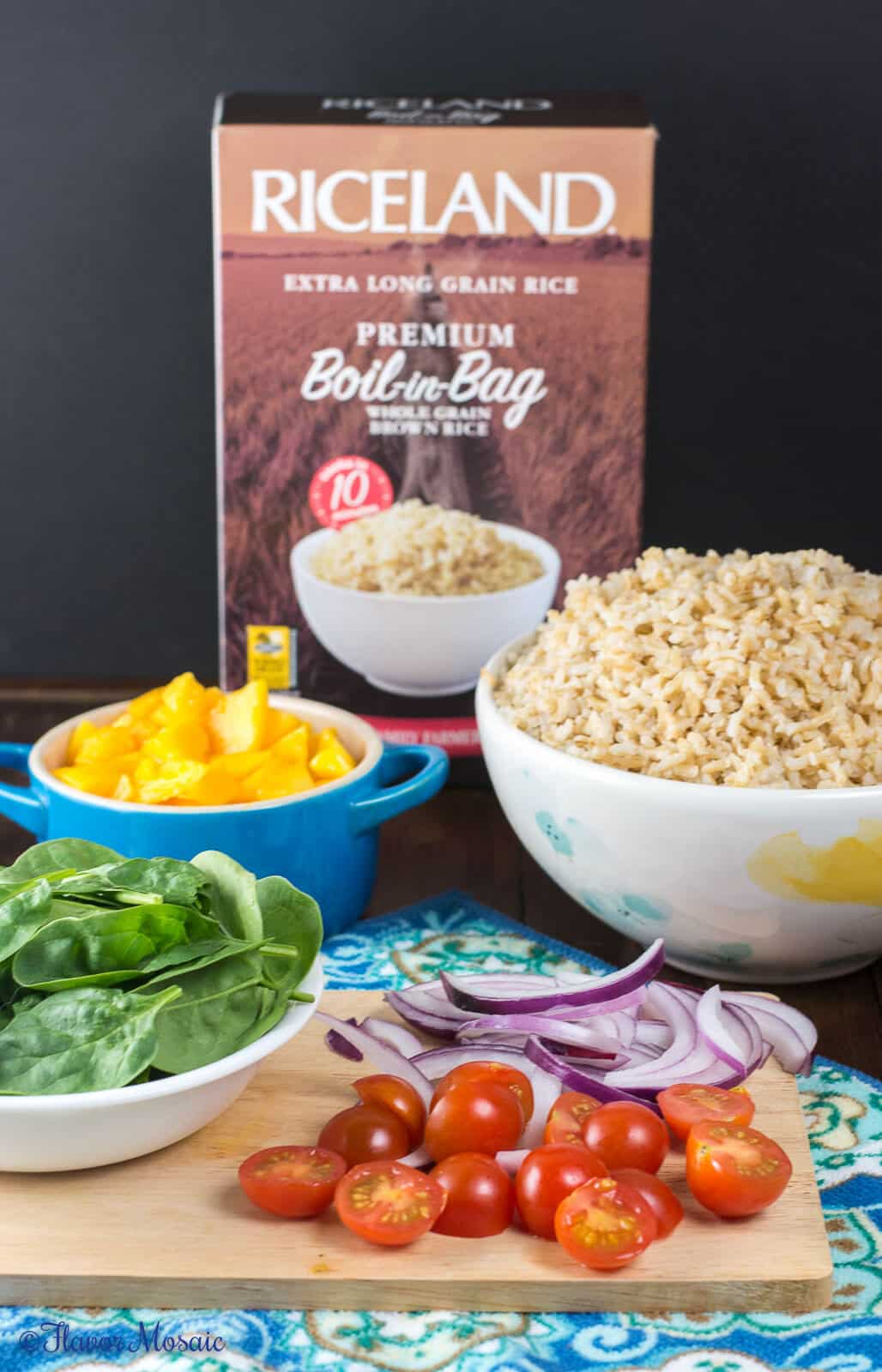 Mango Spinach Rice Salad, with brown rice, mango, baby spinach, tomatoes, and red onions in a red wine vinaigrette, makes a delicious and colorful side dish for a fish dinner, barbecue or potluck. #ProntoPerfectRice #Ad ~ https://flavormosaic.com 