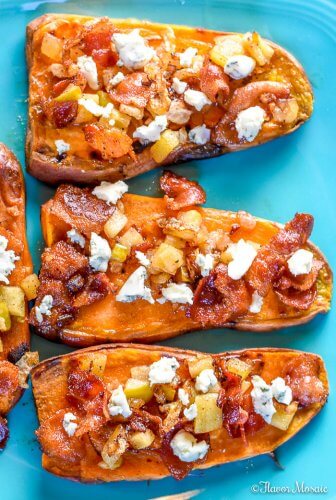 Sweet Potato Toast Topped with Apples, Bacon and Blue Cheese