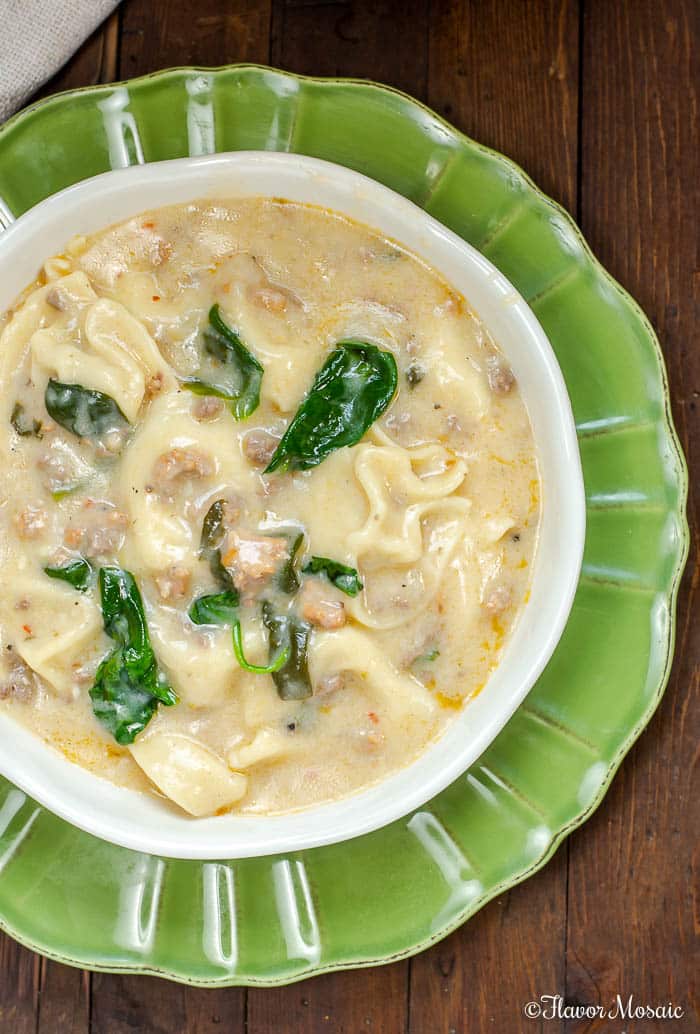 Sausage Tortellini Soup (Instant Pot Version) is rich and creamy with Italian sausage, cheese tortellini, and spinach, and is quick and easy to make in an Instant Pot for hot comforting soup on a cold winter evening.-12