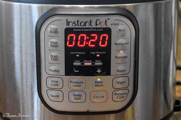 Instant Pot showing 20 minutes cook time on Porridge setting.