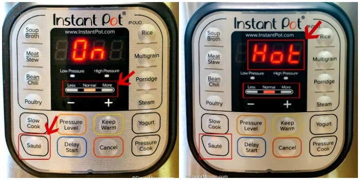 Photo of Instant Pot Display showing Saute Function and then showing the display when it is hot.