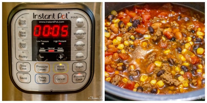Instant Pot Taco Soup Pressure Cook Photo Collage of time setting and soup inside Instant Pot