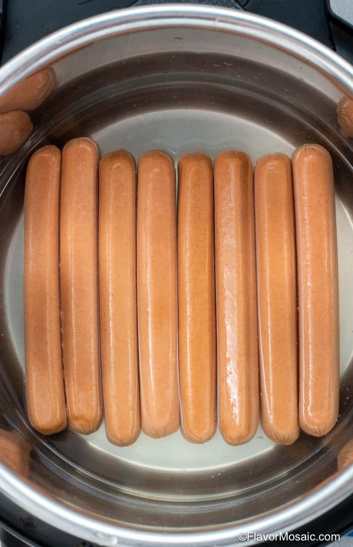 Overhead view of hot dogs inside the Instant Pot.