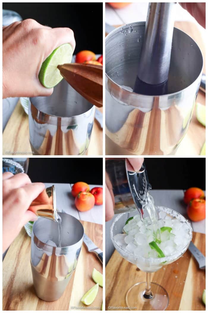 Step By Step photo collage for how to make a spicy peach margarita.