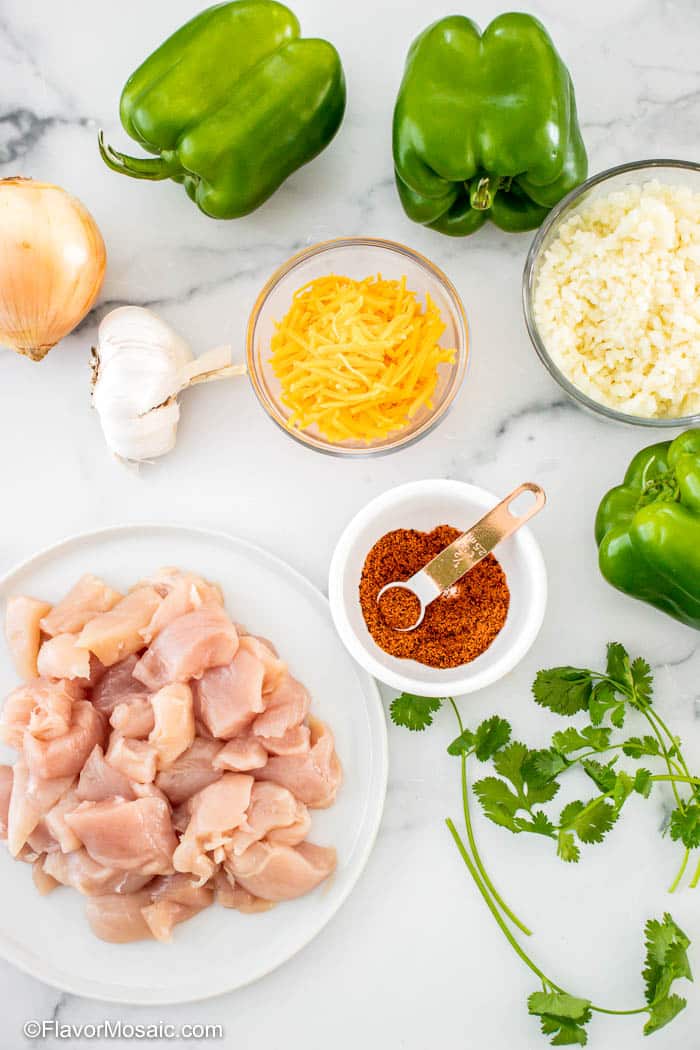 Overhead view of Ingredients for Chicken Fajita Stuffed Peppers