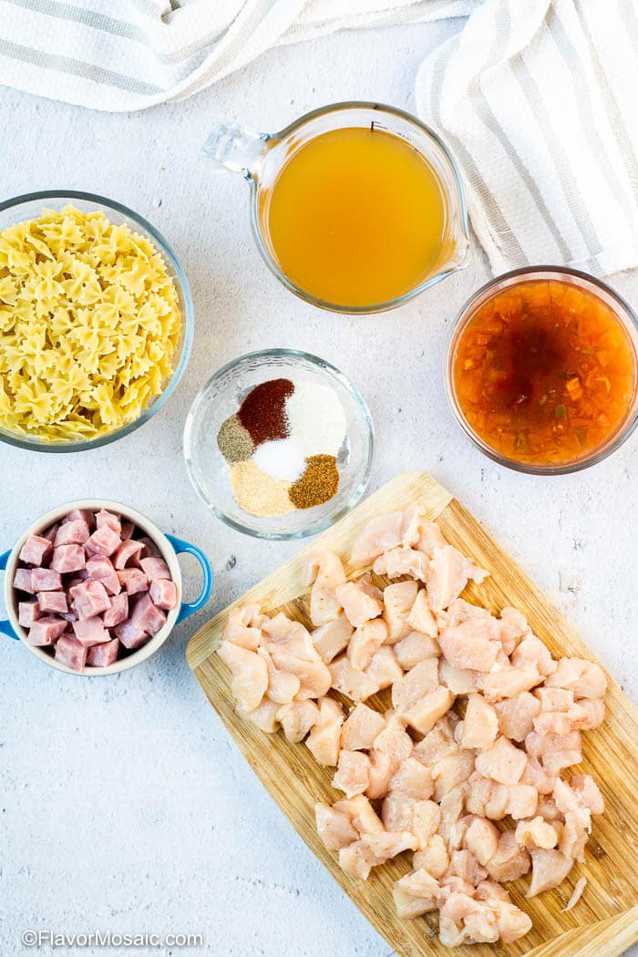 Overhead view of ingredients to pressure cook Chipotle Chicken Cordon Bleu Pasta
