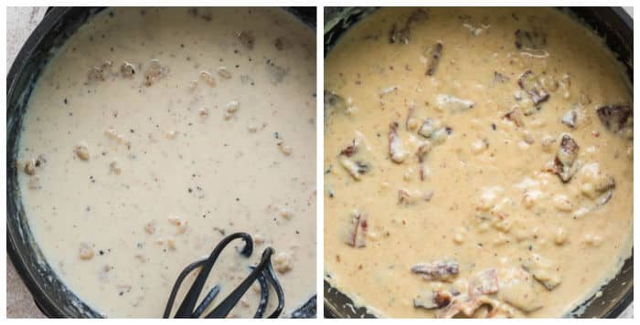 2 photo collage showing progression of cooking the sauce for the Tater Tot Casserole in a skillet.