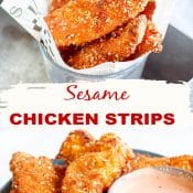 2-Photo Pin with white label and red lettering in the middle for Sesame Chicken Strips Recipe