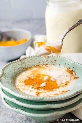 Aqua bowl of Instant Pot Yogurt with peaches and cinnamon and a spoonful of yogurt and a peach slice being held in the air above the bowl of yogurt.