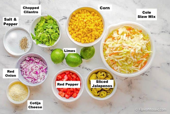 Overhead photo of Labeled Ingredients for Spicy Cilantro Lime Summer Slaw