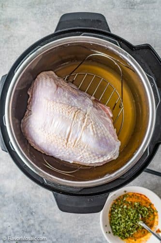 Overhead view of uncooked, unseasoned turkey breast sitting on a trivet in the Instant Pot