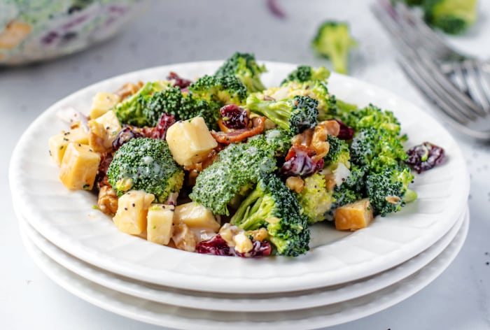 View of plate of broccoli salad