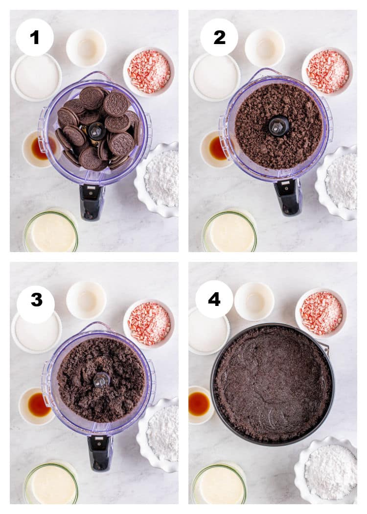4 steps shown for making the Oreo Cookie Crumb Crust