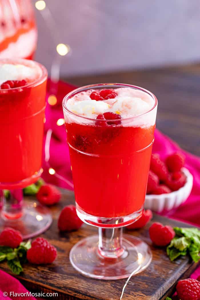 Glass of Holiday Punch with Sherbet that can be served for Christmas, New Years, Easter or for a baby shower.