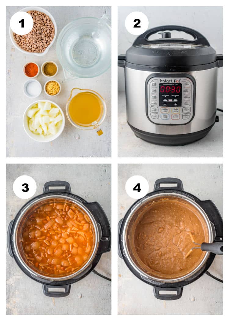 4-photo collage of step by step photos showing hot to make Instant Pot Refried Beans.