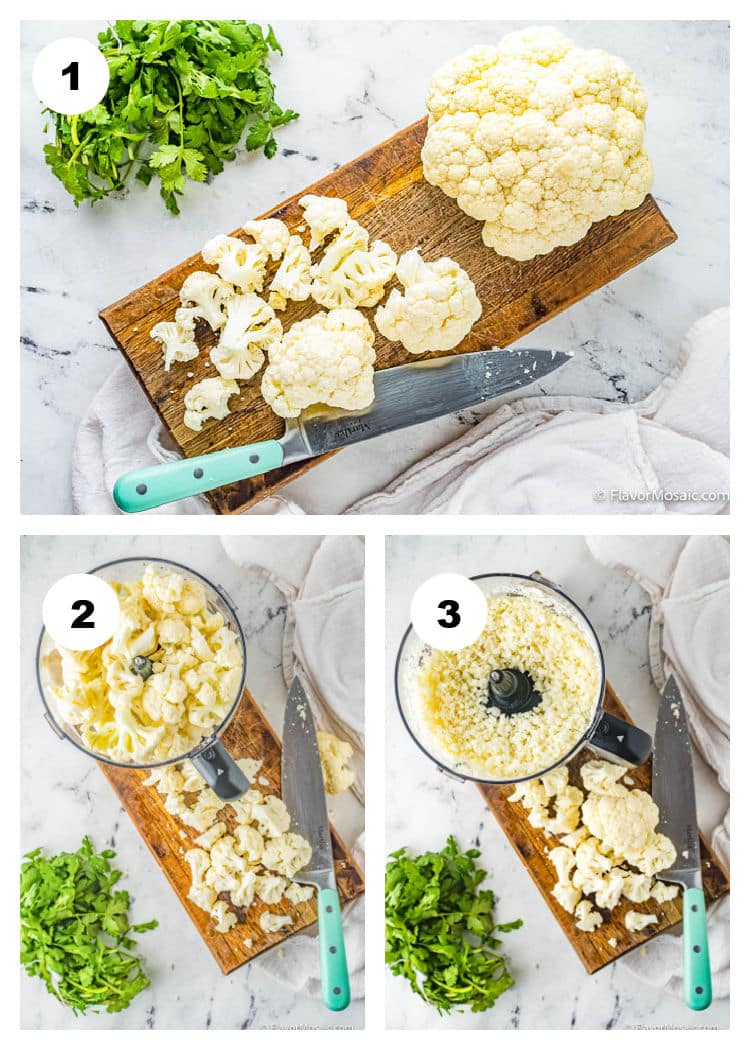 3-step photo collage of how to "rice" cauliflower.