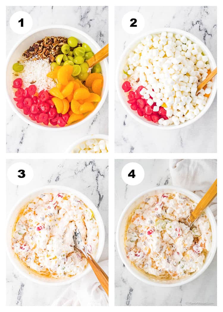 4-photo collage showing step by step photos of how to mix up the ingredients for Ambrosia Salad.