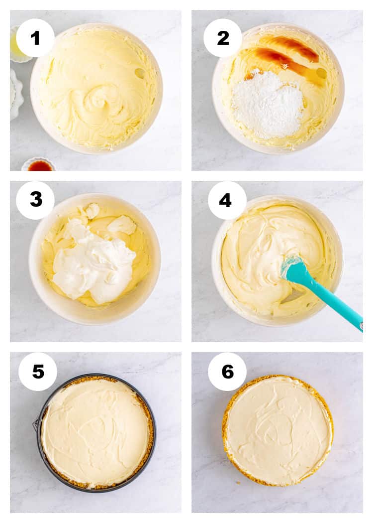 A 6-photo collage for how to make a plain homemade no bake cheesecake.