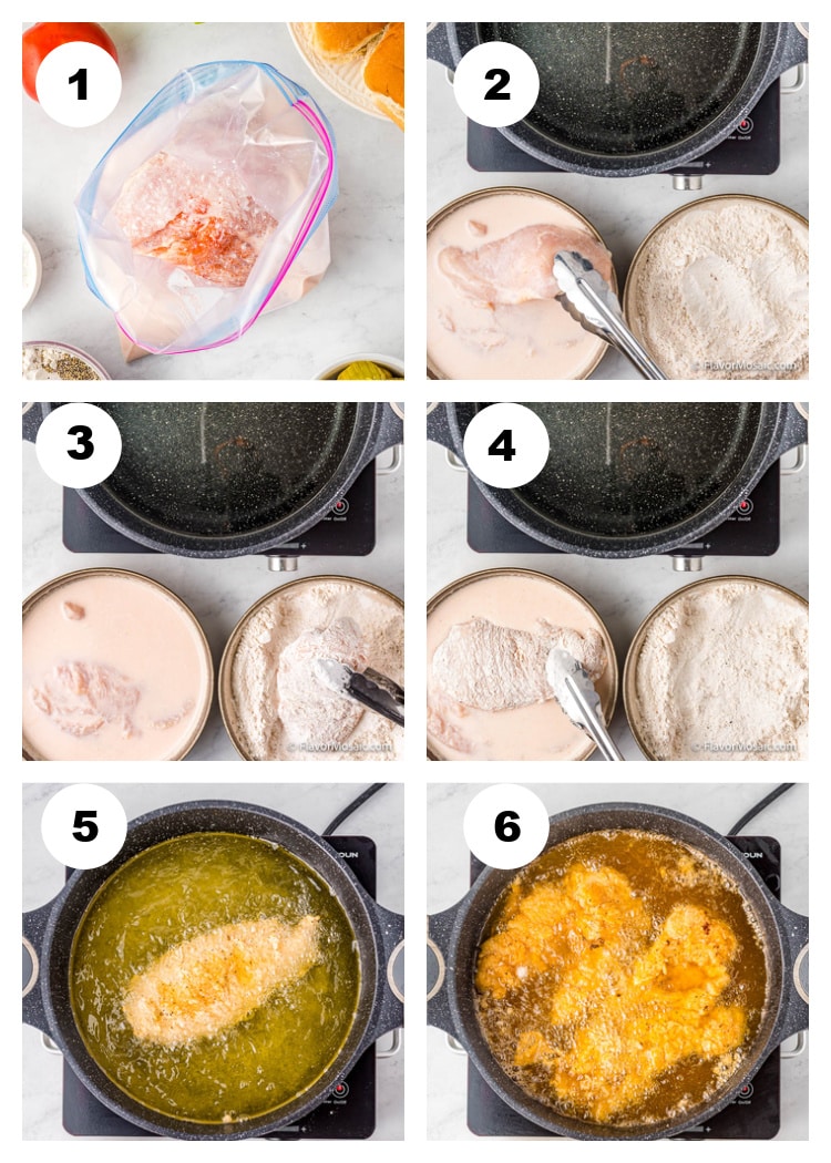 6-photo collage showing steps of how to make Crispy Chicken Sandwiches in a Dutch Oven.