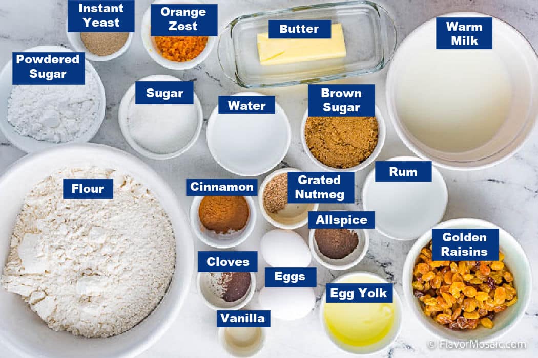 Overhead view of labeled ingredients for Hot Cross Buns
