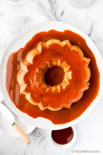 Overhead view of a full complete bundt cake mexican caramel flan.