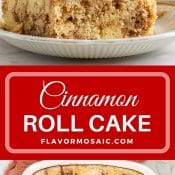 2-photo pin Cinnamon Roll Cake with red label and white text