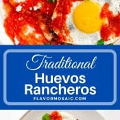 2-photo pin Huevos Rancheros with blue label and white text
