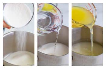 3-photo collage showing the 3 ingredients to add to the saucepan to make the lemonade sugar mixture.