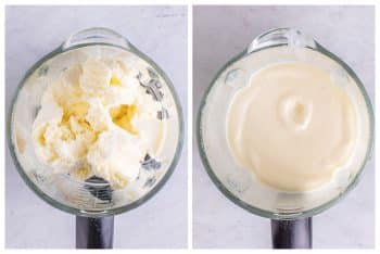 2-photo collage showing scoops of ice cream in blender before blending and then in the right photo showing it after blending. Final result is Frosted Lemonade.