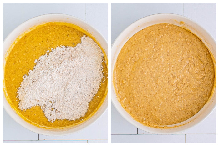 2-you photo collage with the picture on the left showing flour added to the batter, and the photo on the right shows the batter after it has been mixed together.