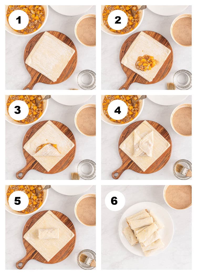 A 6 photo collage showing the next 6 steps in the process of how to make Peach Cobbler Egg Rolls.