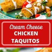 Chicken and Cream Cheese Taquitos on a plate in the top photo of the pin. In the bottom photo of the pin is a partial taquito being held over the plate.