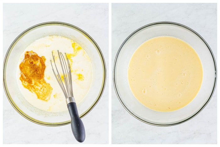 A 2-photo collage with the photo on the left showing a glass bowl on a white marble background with milk, eggs, and vanilla in the bowl, and in the photo on the right, it shows all the ingredients mixed together into a smooth custard filling.