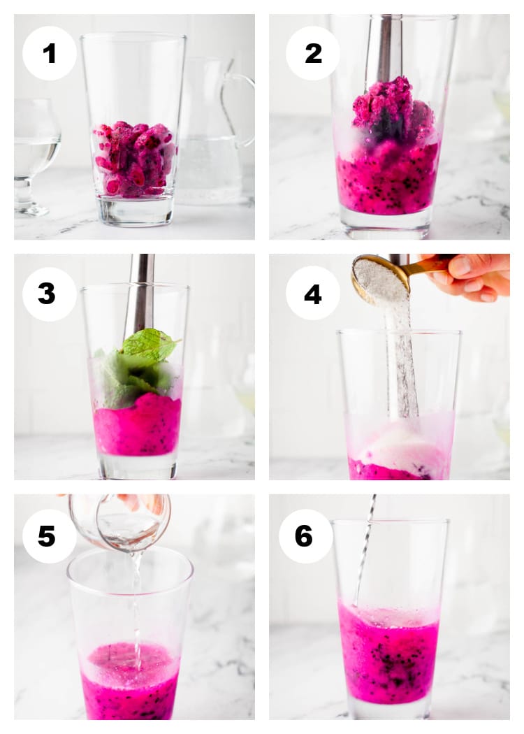 A 6-photo collage showing 6 numbered photos, each one showing one step in the process of making a dragon fruit mojito.
