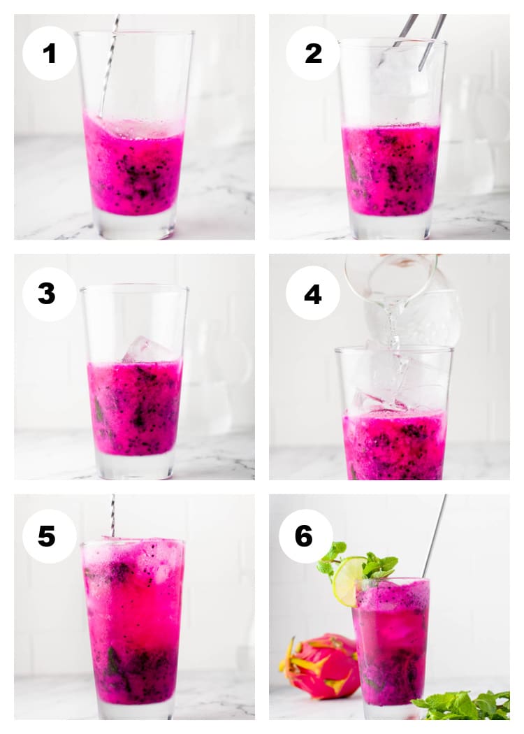 A 6-photo collage showing 6 numbered photos, each one showing the second set of 6 steps with each photo showing one step in the process of making a dragon fruit mojito.