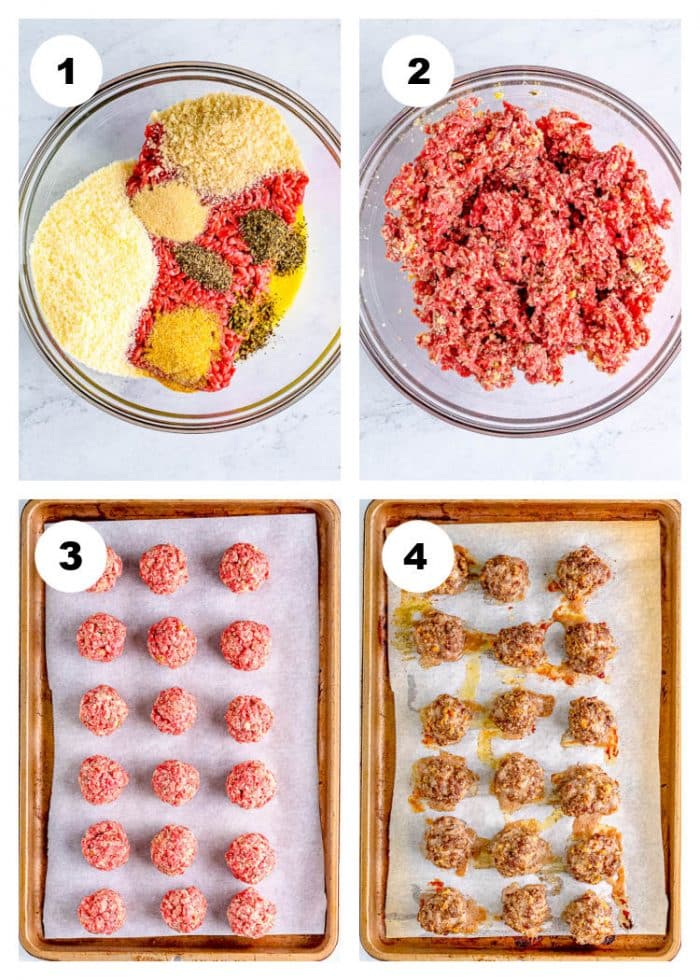 4-photo collage showing the 4 steps of how to make meatballs for the meatball pizza.
