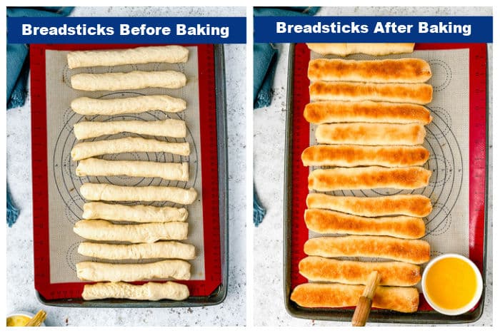 A 2-photo collage showing photos of breadsticks before and after baking. The left photo shows the before baking breadsticks photo, and the photo on the right shows the breadsticks after they have been baked, and includes a small white bowl with melted butter in the bottom right corner of the photo. A brush is brushing melted butter on top of one of the breadsticks.