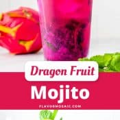 Dragon Fruit Mojito 2-Photo Pin with reddish pink label in the middle with a smaller white label that says Dragon Fruit in pinkish-red text and below that in which text on the pink background is the word Mojito.