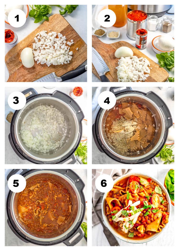 6-photo collage showing the steps in photo of how to make Instant Pot Vegetarian Lasagna Soup