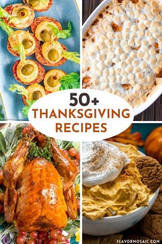 4-photo collage for 50+ Thanksgiving dinner. Photos include deviled eggs appetizer, sweet potato casserole side dish, roast turkey main dish, and pumpkin fluff dessert.
