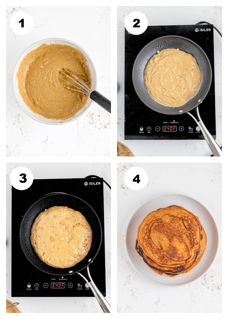 4-photo collage showing 4 steps in cooking a single pancake, including the batter in a bowl before cooking. The 2nd photo shows the batter in a skillet before having been cooked. The 3rd photo shows a pancake cooking, and having bubbles, and needing to be turned, lastly the cooked pancakes on a white plate just after cooking.