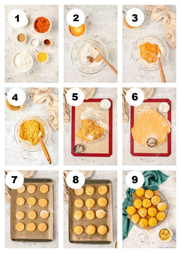 A 9-photo collage with each photo showing 1 step in the process of making sweet potato biscuits. 
