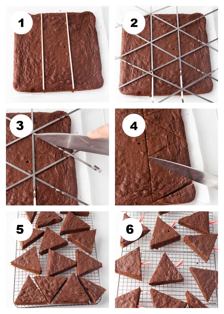 Photo collage showing each step in how to cut the brownies into triangular, Christmas Tree shapes.