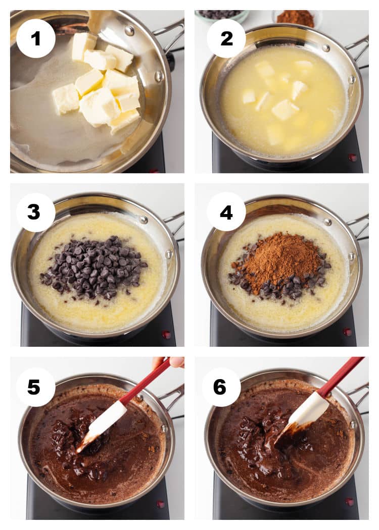 First photo collage showing step by step photos to melt the butter and chocolate together for the brownies.
